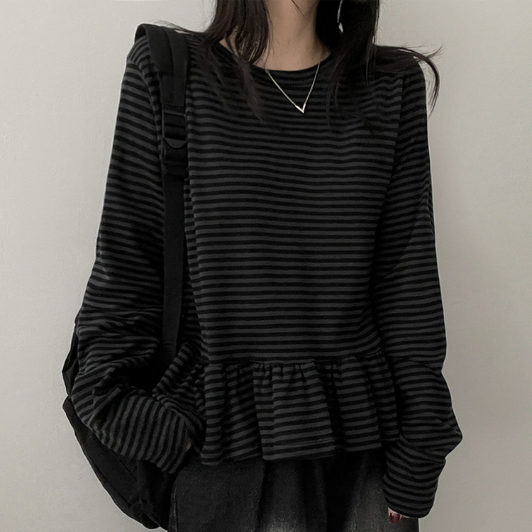 フリルストライプ長袖Tシャツ CHARCOAL