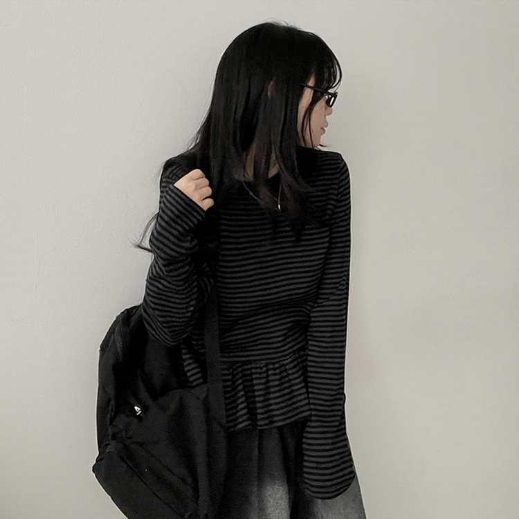 フリルストライプ長袖Tシャツ CHARCOAL