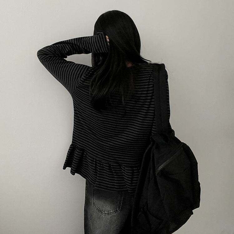 フリルストライプ長袖Tシャツ CHARCOAL