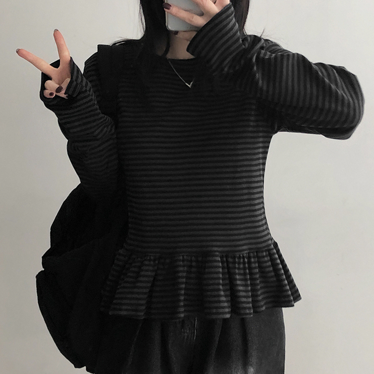 フリルストライプ長袖Tシャツ CHARCOAL