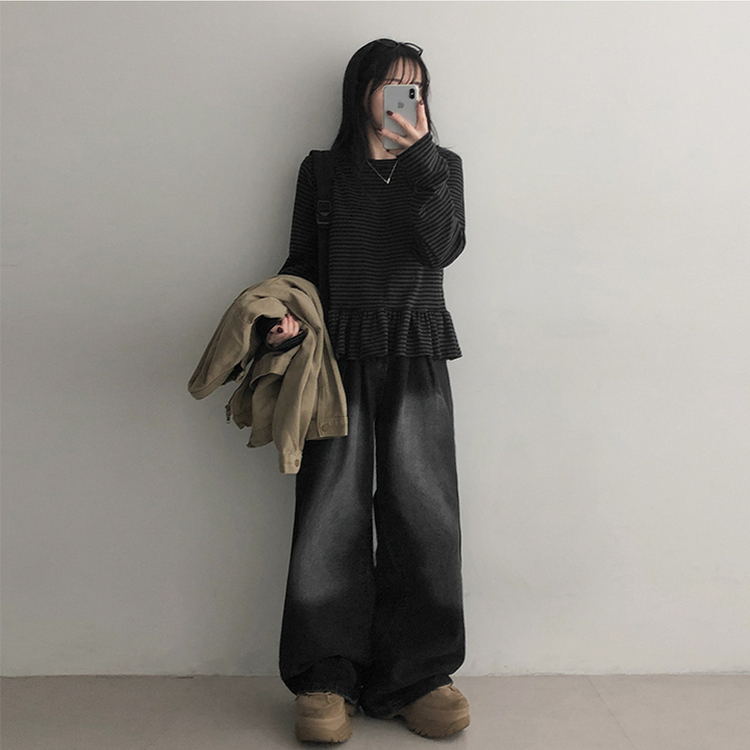 フリルストライプ長袖Tシャツ CHARCOAL