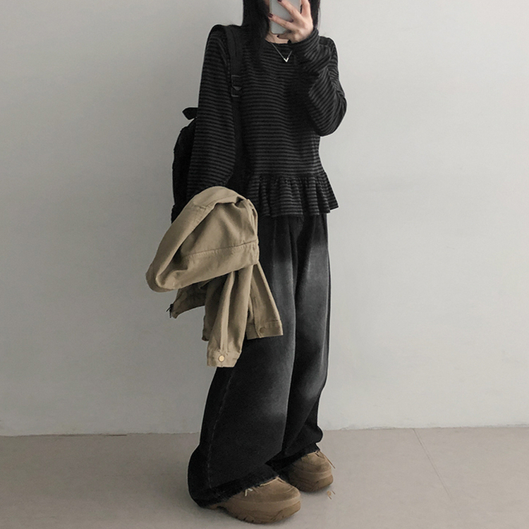フリルストライプ長袖Tシャツ CHARCOAL