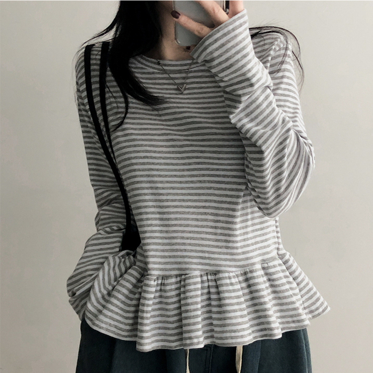 フリルストライプ長袖Tシャツ GREY