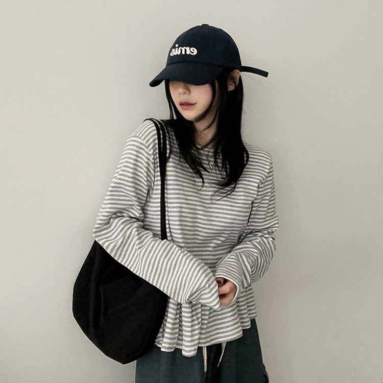 フリルストライプ長袖Tシャツ GREY