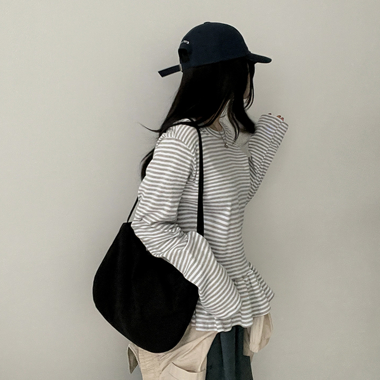 フリルストライプ長袖Tシャツ GREY