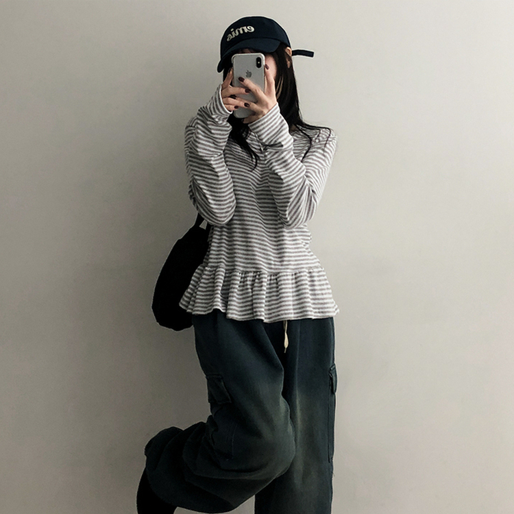 フリルストライプ長袖Tシャツ GREY