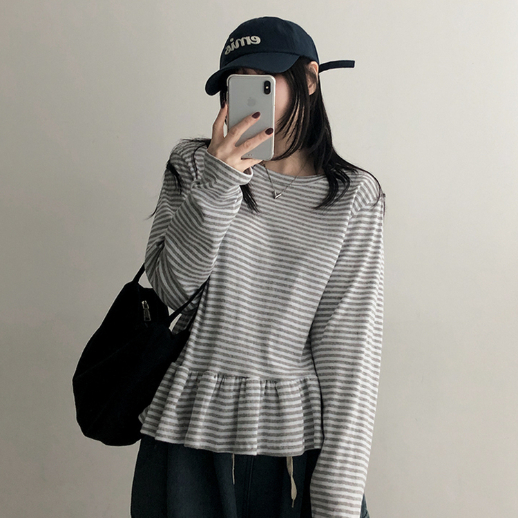 フリルストライプ長袖Tシャツ GREY
