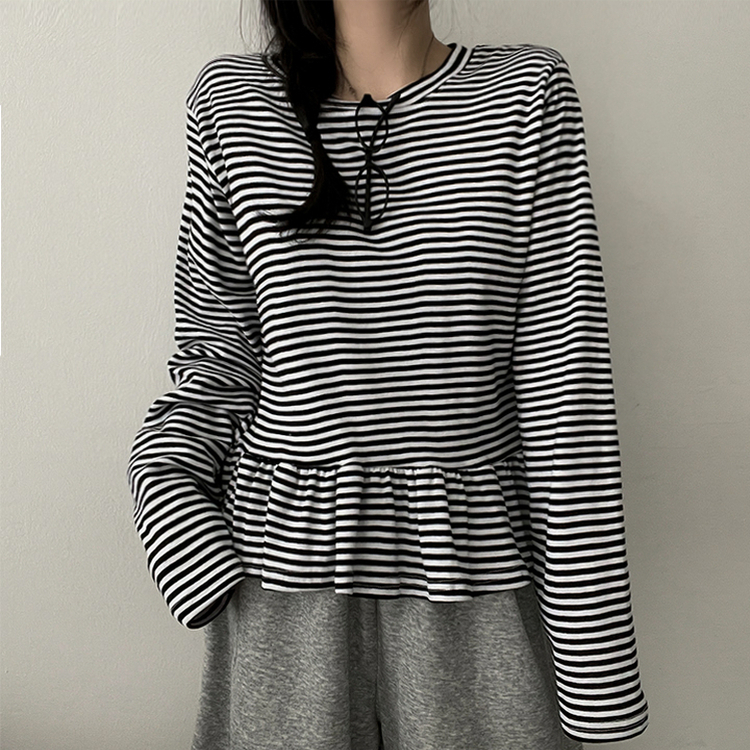フリルストライプ長袖Tシャツ BLACK