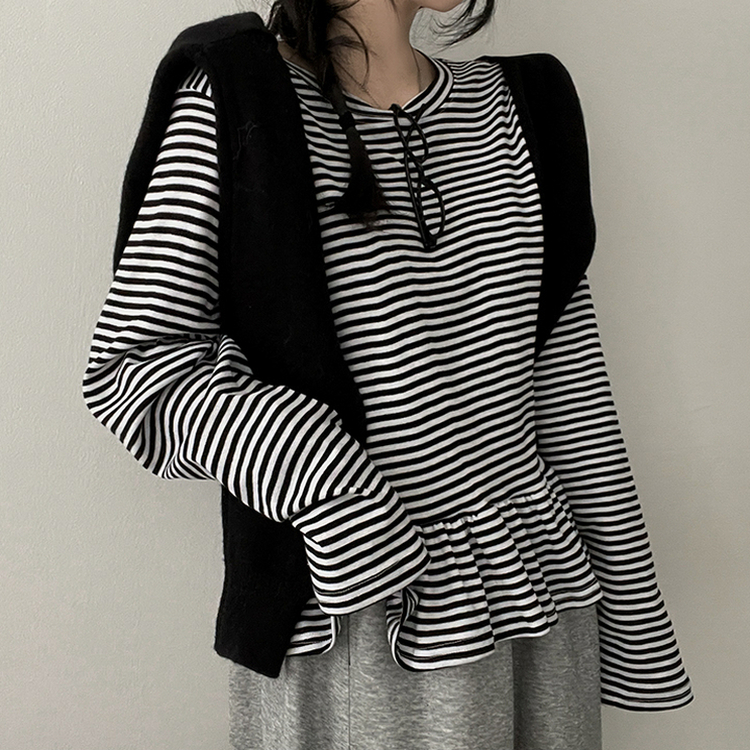 フリルストライプ長袖Tシャツ BLACK