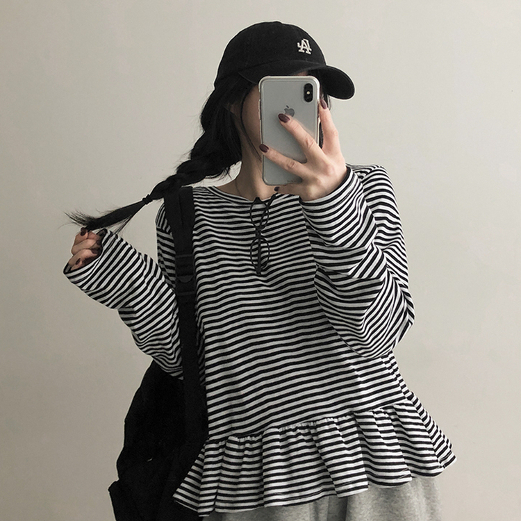 フリルストライプ長袖Tシャツ BLACK