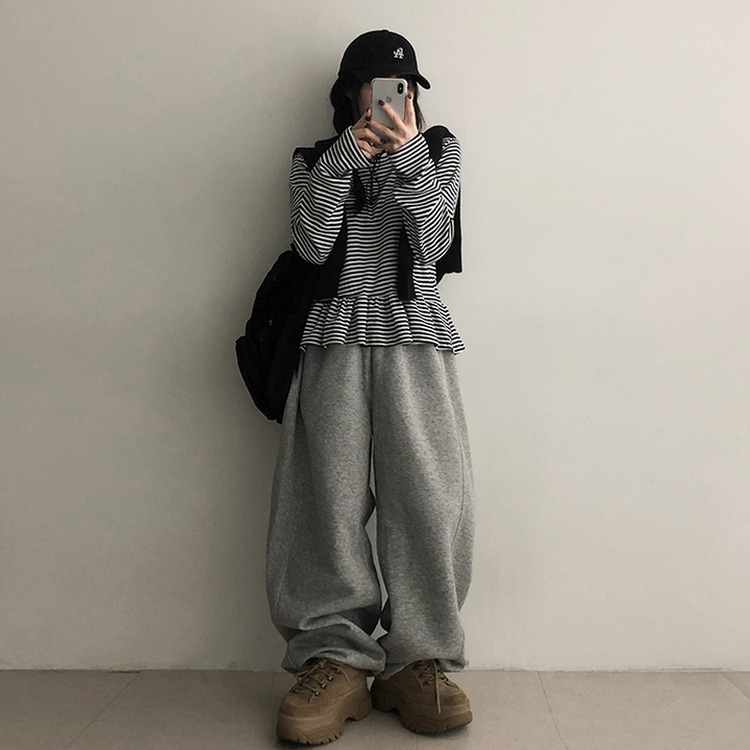 フリルストライプ長袖Tシャツ BLACK