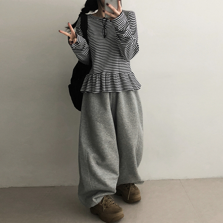 フリルストライプ長袖Tシャツ BLACK