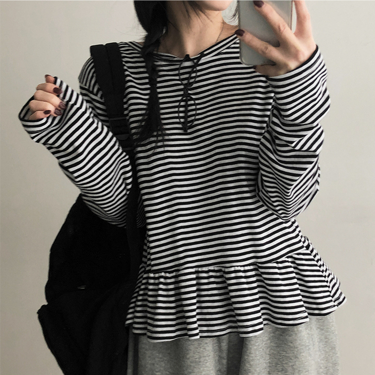 フリルストライプ長袖Tシャツ BLACK