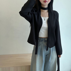 【マフラー付き】ボタンVネッククロップジャケット BLACK