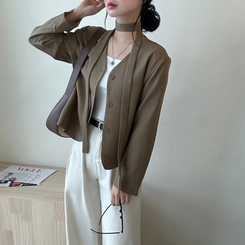 【マフラー付き】ボタンVネッククロップジャケット CHESTNUT BROWN