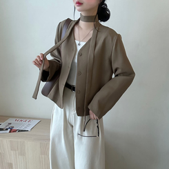 【マフラー付き】ボタンVネッククロップジャケット CHESTNUT BROWN