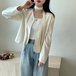 【マフラー付き】ボタンVネッククロップジャケット IVORY