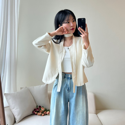 【マフラー付き】ボタンVネッククロップジャケット IVORY