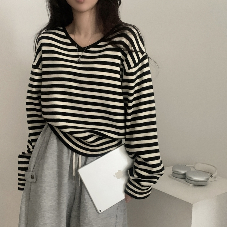ストライプルーズフィットニット(5color) BLACK