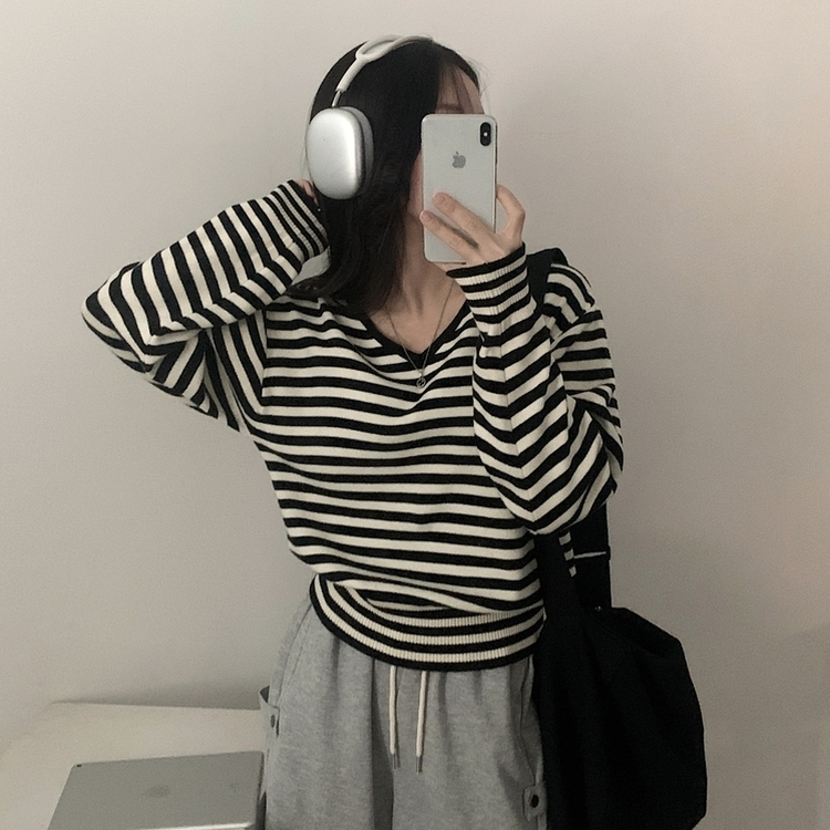 ストライプルーズフィットニット(5color) BLACK