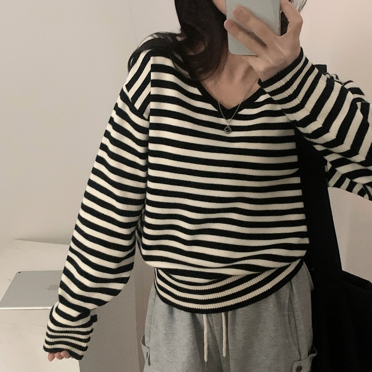 ストライプルーズフィットニット(5color) BLACK