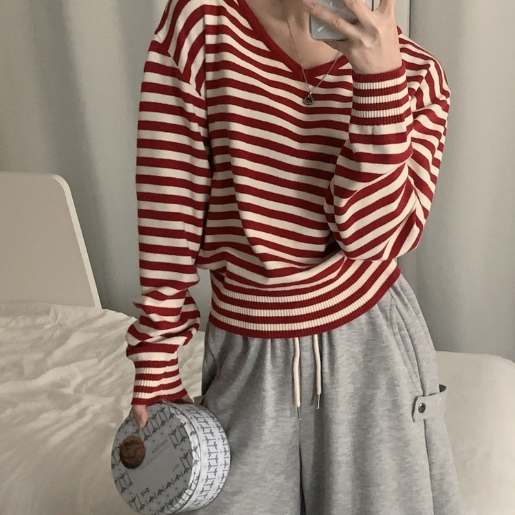 ストライプルーズフィットニット(5color) RED