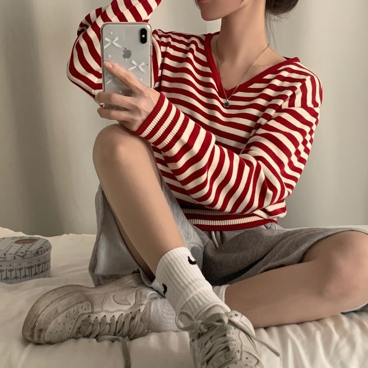 ストライプルーズフィットニット(5color) RED