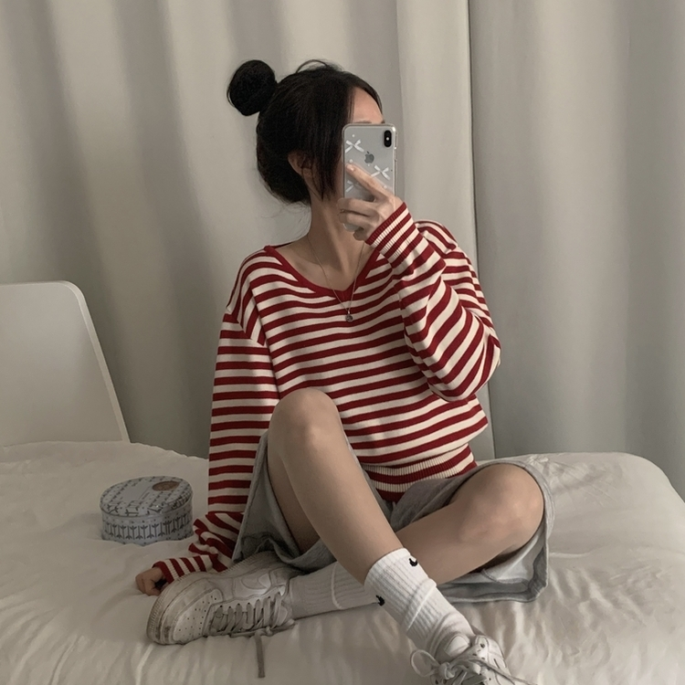 ストライプルーズフィットニット(5color) RED