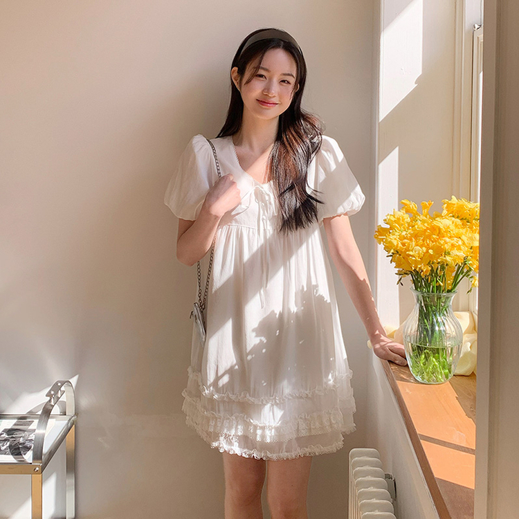 (フレンチ感性/夏までずっと！) セルア コットン Vネック レース フレア ミニワンピース IVORY