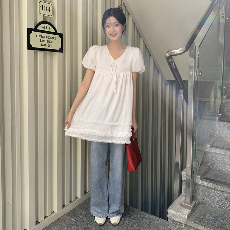 (フレンチ感性/夏までずっと！) セルア コットン Vネック レース フレア ミニワンピース IVORY