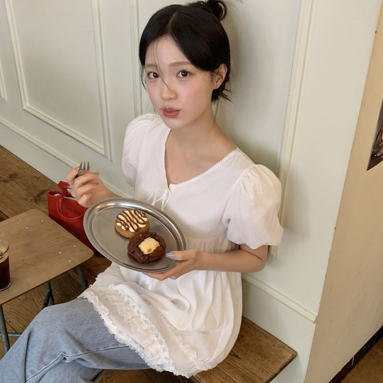 (フレンチ感性/夏までずっと！) セルア コットン Vネック レース フレア ミニワンピース IVORY