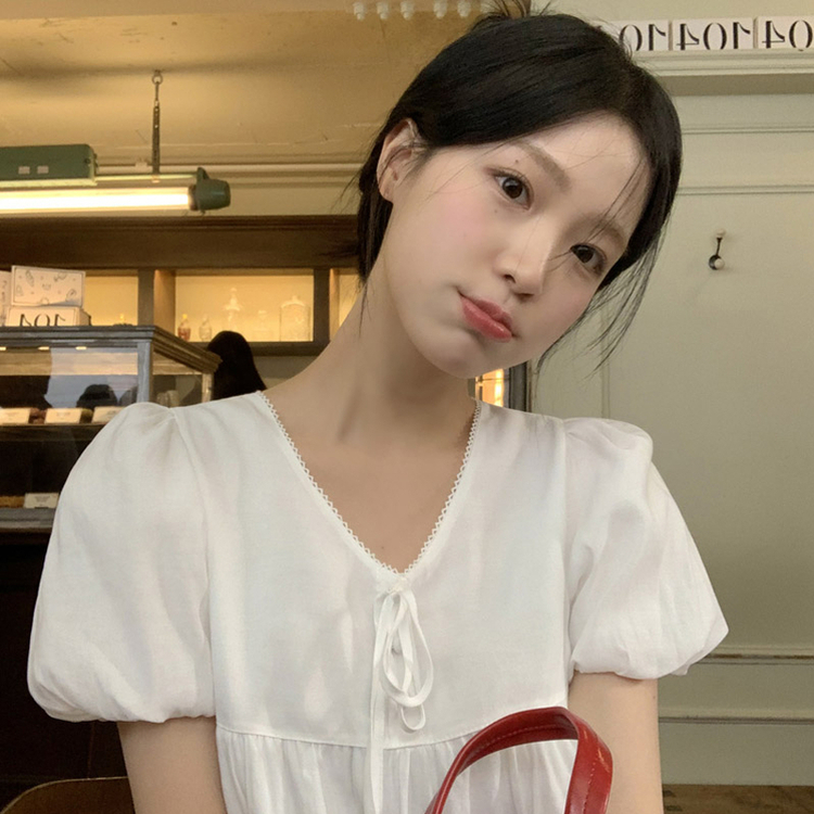(フレンチ感性/夏までずっと！) セルア コットン Vネック レース フレア ミニワンピース IVORY
