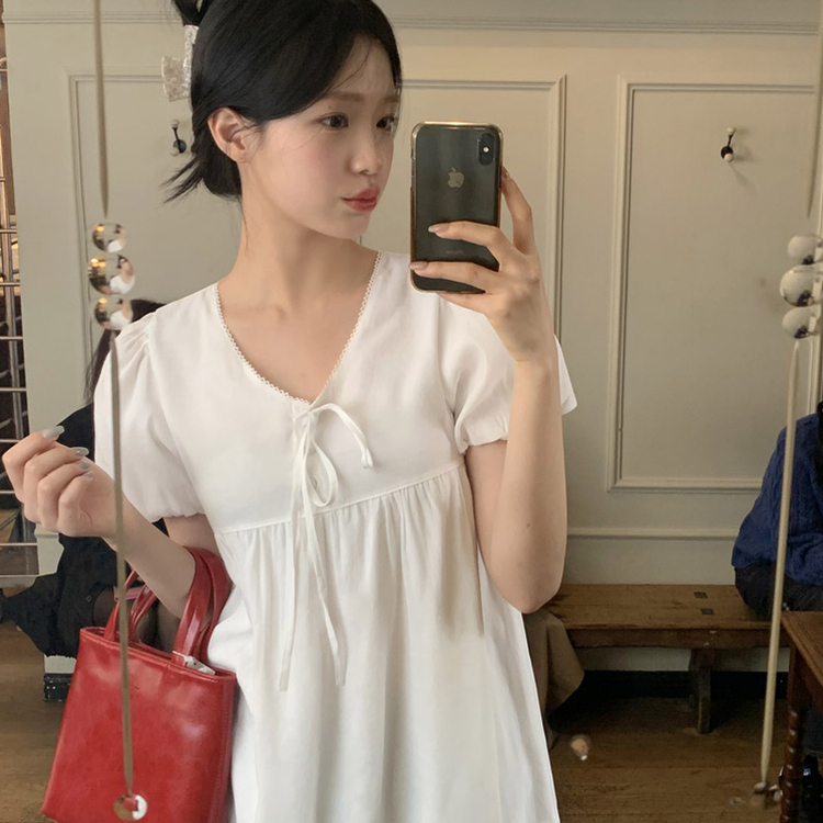 (フレンチ感性/夏までずっと！) セルア コットン Vネック レース フレア ミニワンピース IVORY
