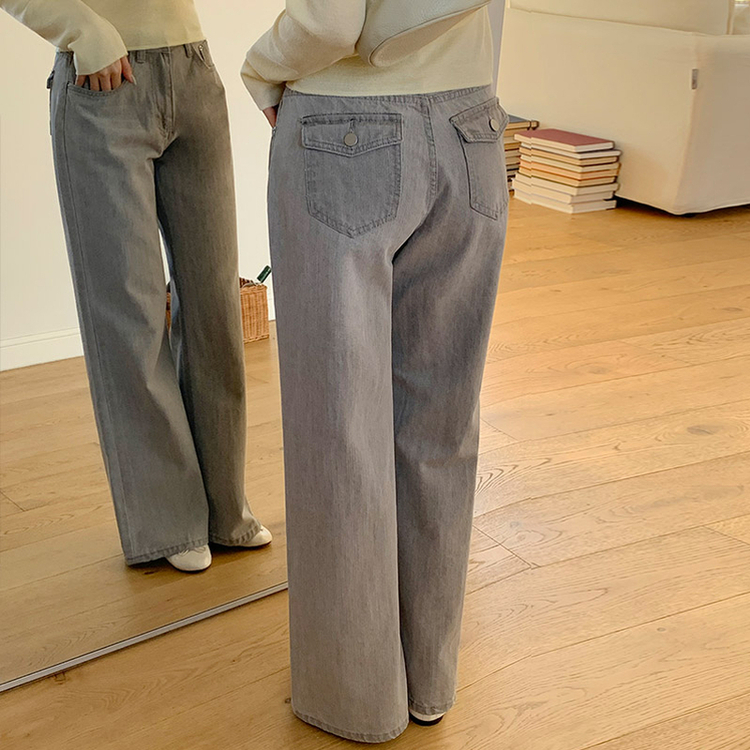 (下半身完璧カバーフィット / バックポイント！)   フレッシュコットン ロングワイドデニムパンツ   LIGHT GRAY