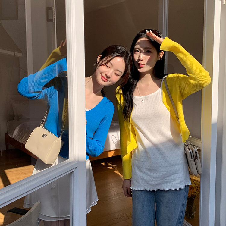 (一日中快適♥) リシェル ソフト リブ Vネック クロップド ニット カーディガン BLUE