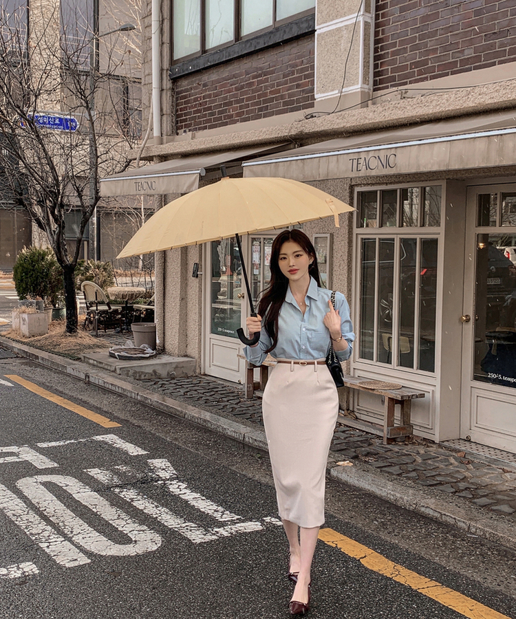 【SET】【ベルト付き】ボタンルーズシャツ Hラインスリットスカート BLUE