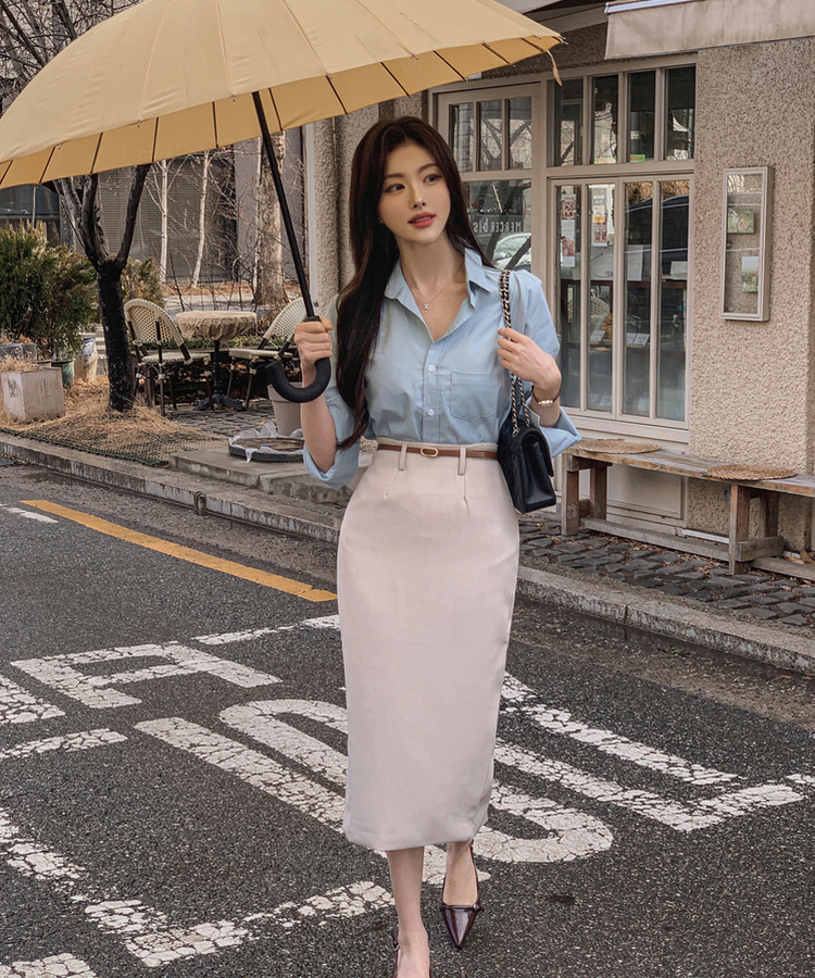 【SET】【ベルト付き】ボタンルーズシャツ Hラインスリットスカート BLUE