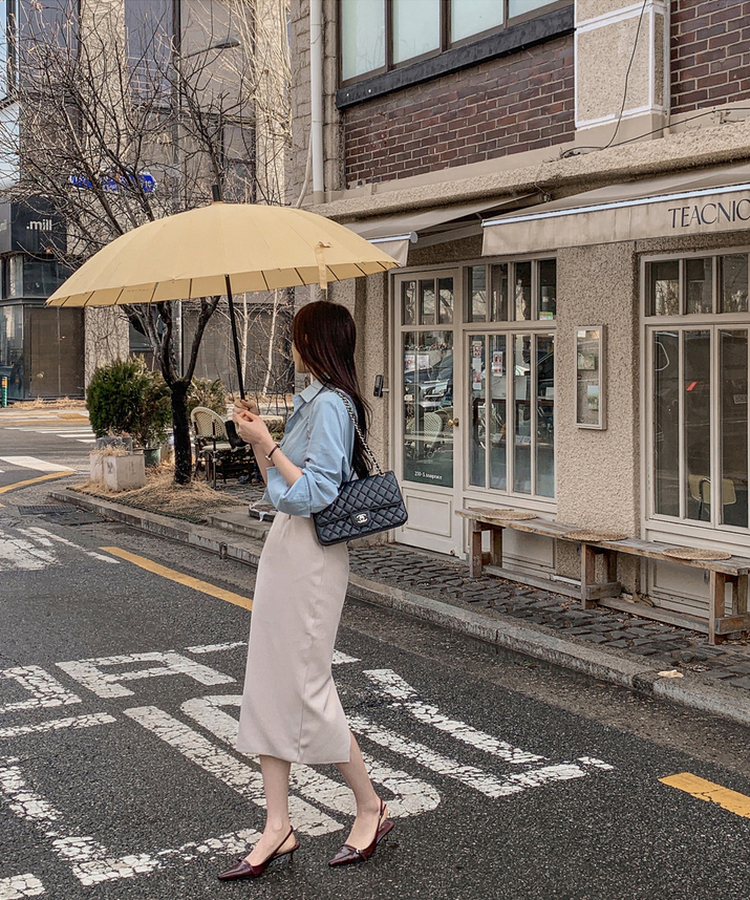 【SET】【ベルト付き】ボタンルーズシャツ Hラインスリットスカート BLUE