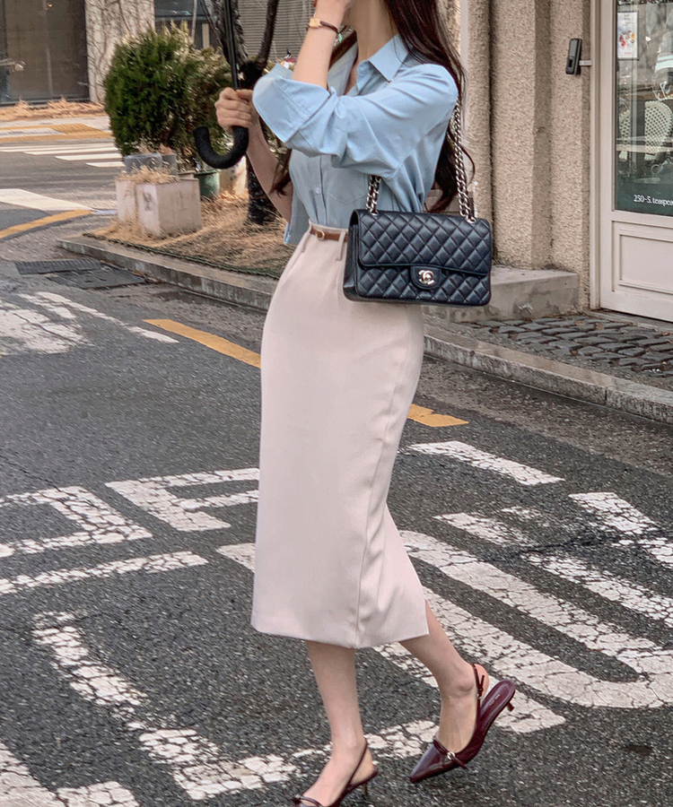 【SET】【ベルト付き】ボタンルーズシャツ Hラインスリットスカート BLUE