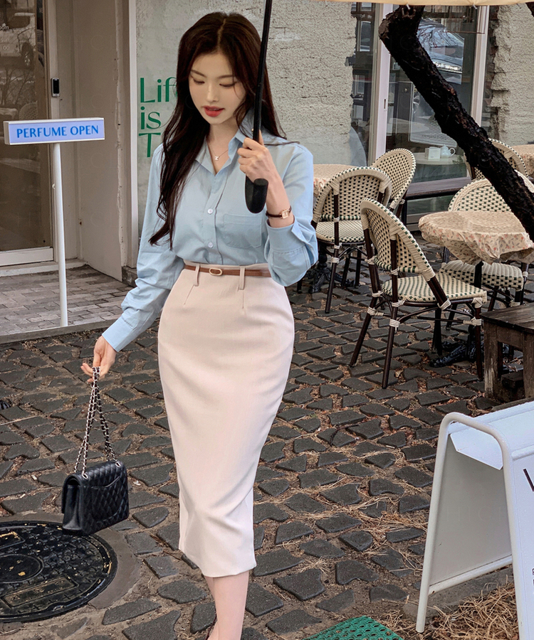 【SET】【ベルト付き】ボタンルーズシャツ Hラインスリットスカート BLUE