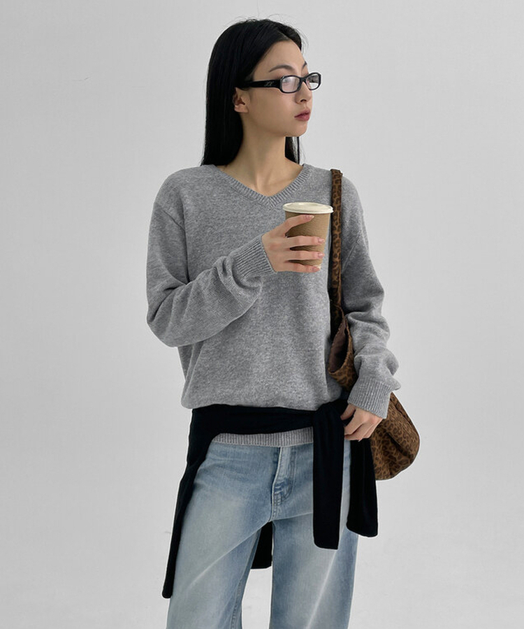 ルーズフィットVネックニット MELANGE GRAY