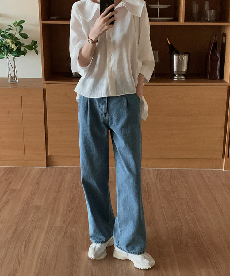 ピンタックワイドデニムパンツ BLUE