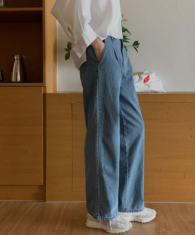 ピンタックワイドデニムパンツ BLUE