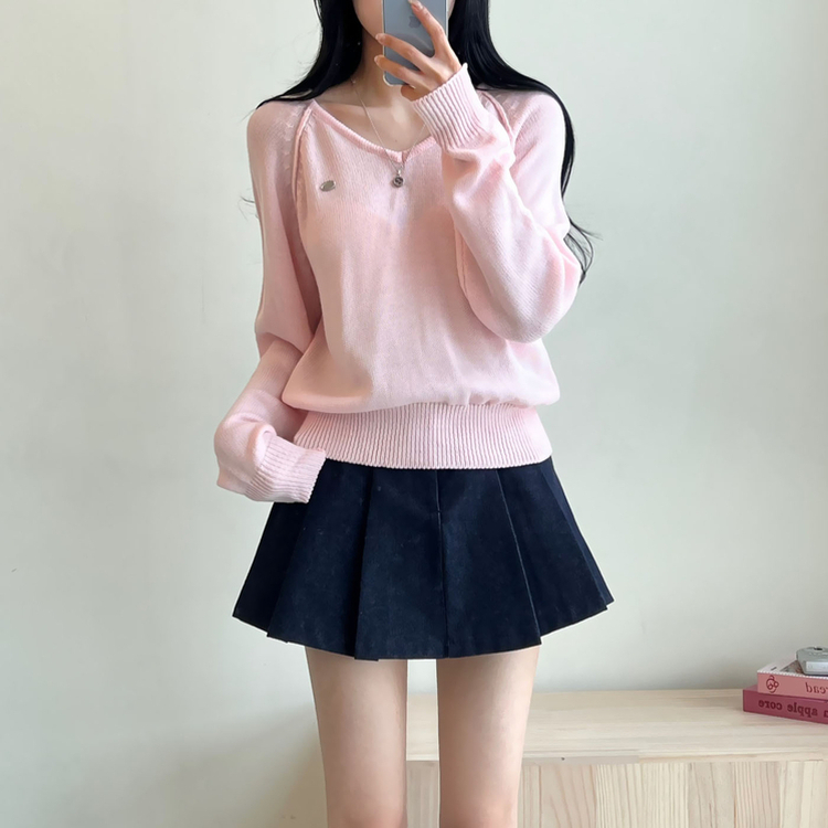 ペンダントVネックニット(6color) PINK