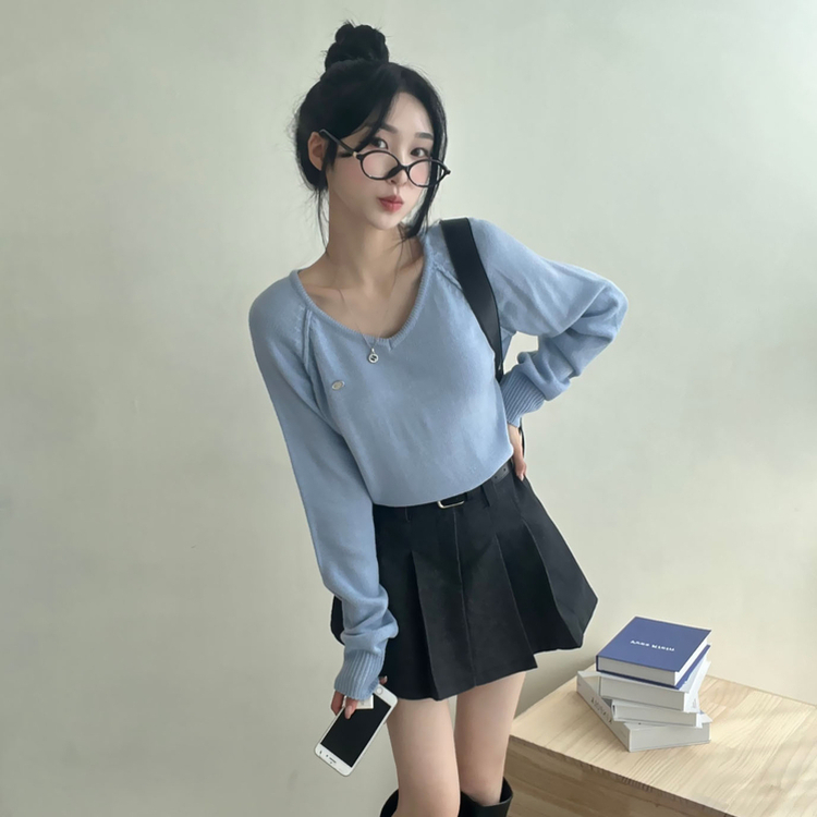 ペンダントVネックニット(6color) SKY BLUE