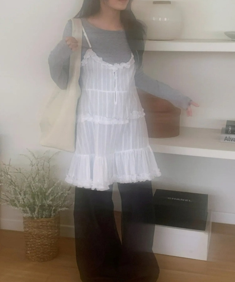 フリルレースビスチェレイヤードワンピース WHITE