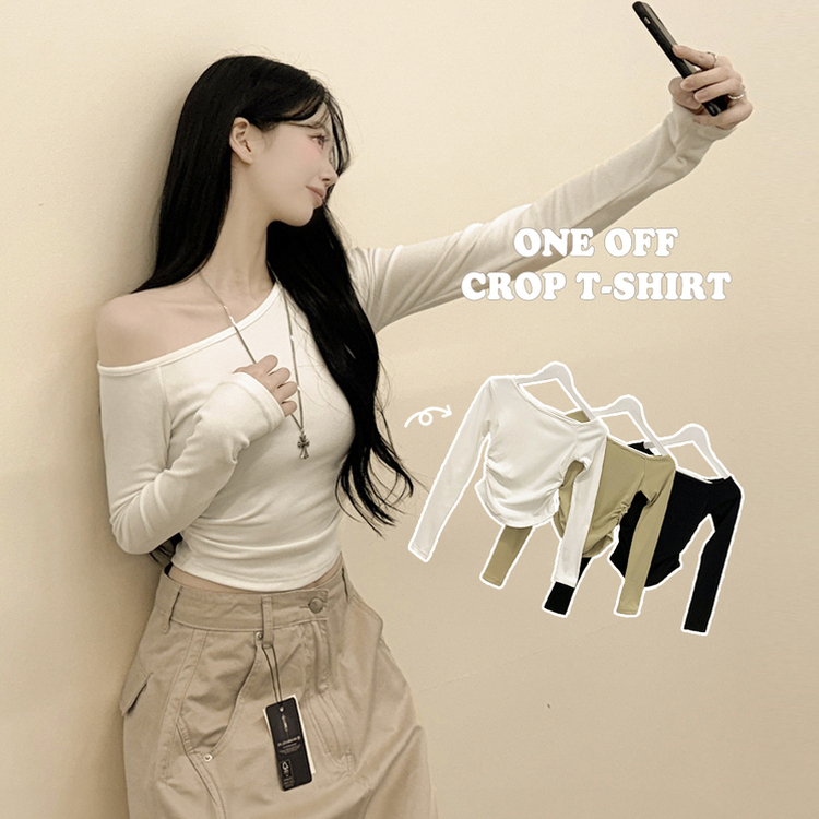ワンオフショルダークロップ長袖Tシャツ IVORY