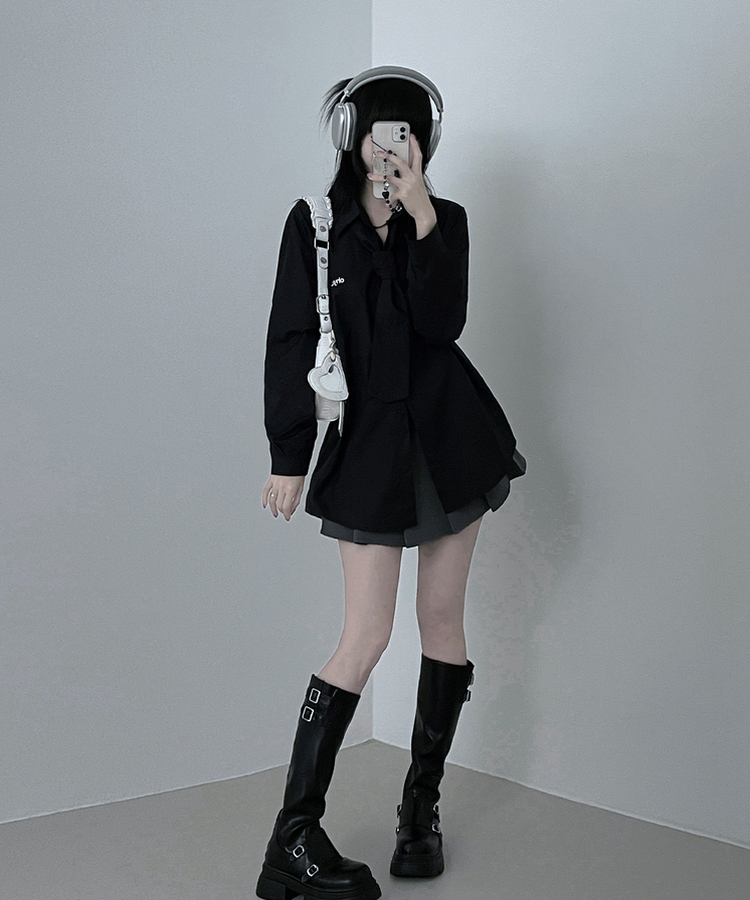 【タイ付き】レタリング刺繍シャツ BLACK