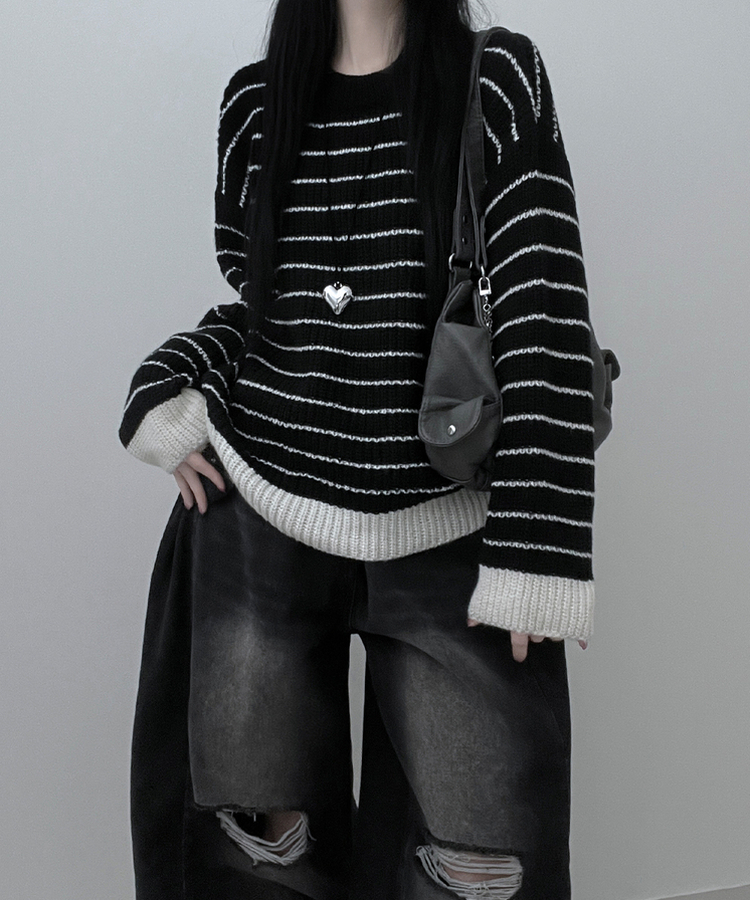ワッぺンバイカラーストライプニット BLACK