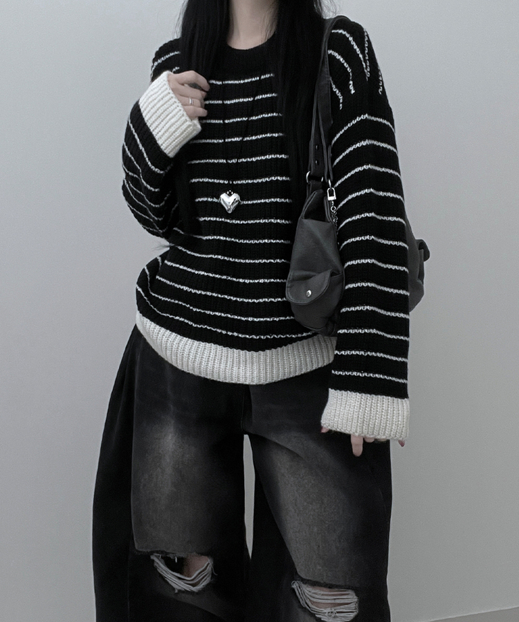 ワッぺンバイカラーストライプニット BLACK